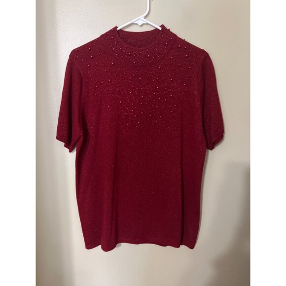 Susan Graver Red Beaded Short Sleeve Sweater & Open Cardigan Set L Acrylic Blend - Picture 7 of 15